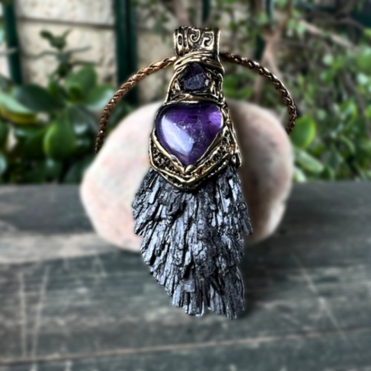 Raw Crystal Pendant Necklace with Amethyst and Black Kyanite, Protection Amulet, Spiritual Jewelry