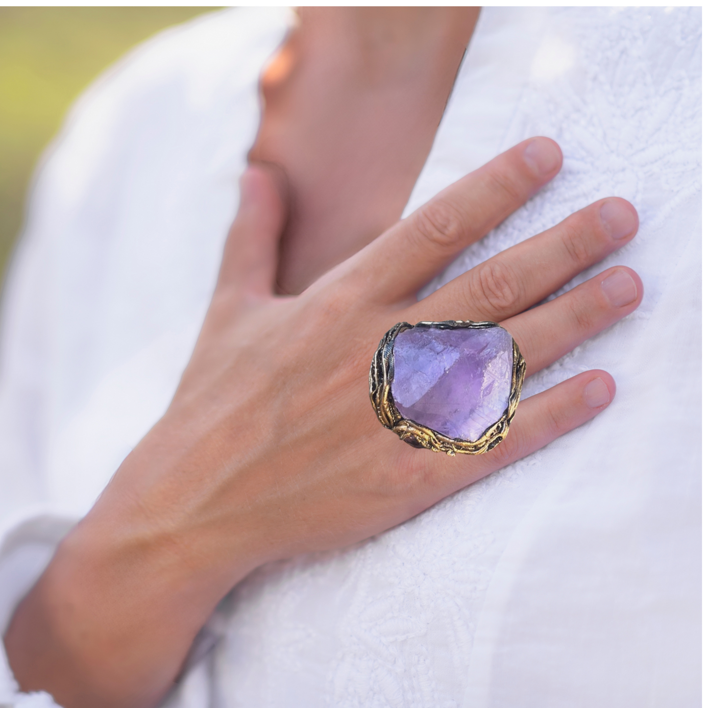 Amethyst Crystal Chunky Ring - Bohemian Statement Cocktail Jewelry, Unique Cocktail Ring