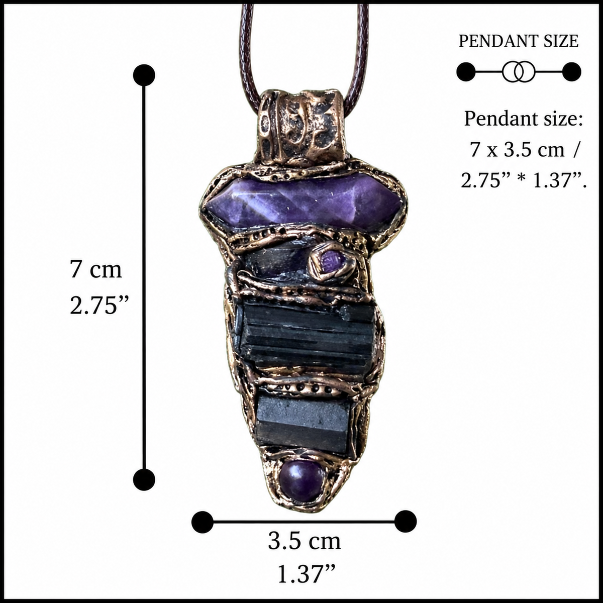 Black Tourmaline & Amethyst Pendant Necklace - Empath Protection Crystal Amulet.