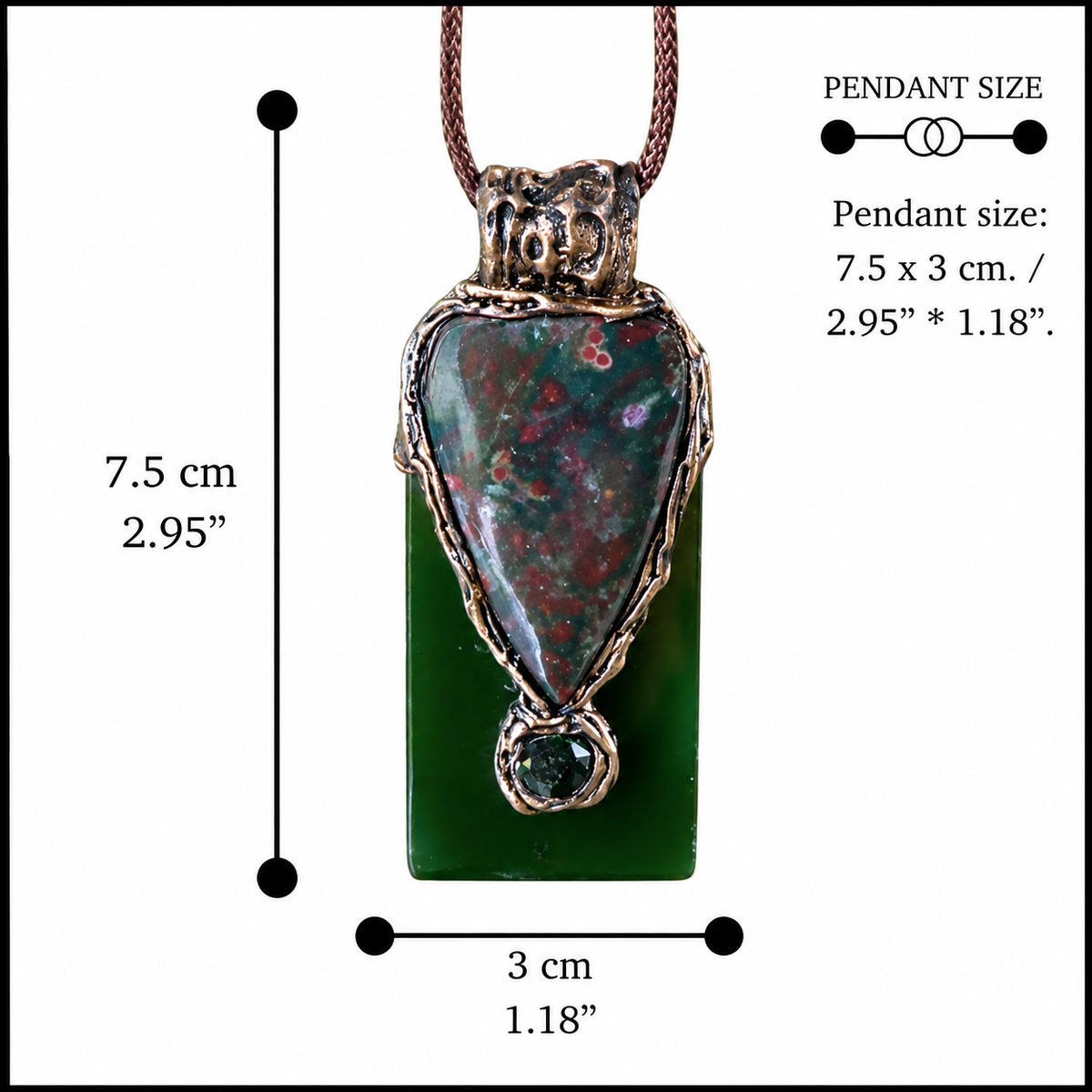 Large Bloodstone and green Jade pendant necklace with natural red-speckled Bloodstone in a handcrafted sculptural setting.