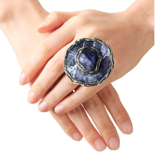 Chunky Amethyst Statement Ring - Big Round Cocktail Jewelry