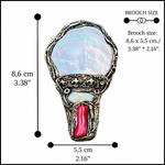 Extra large sculptural brooch with luminous Mother of Pearl, small iridescent shell accent and vivid red Coral in a handcrafted textured setting.