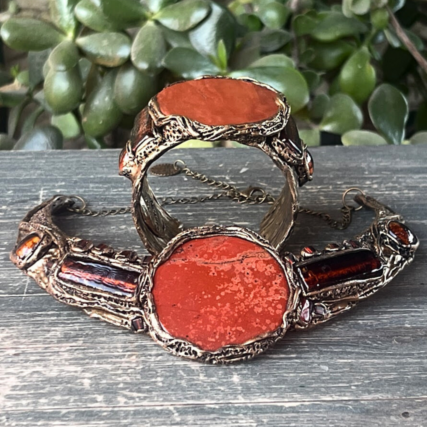 Red Jasper and Murano Glass Statement Cuff Bracelet, Chunky Boho Healing Crystal Bracelet