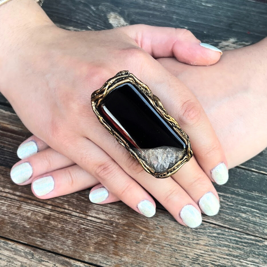 Black Onyx Quartz Chunky Rectangle Stone Ring, Long Finger Big Cocktail Oversized Huge Ring