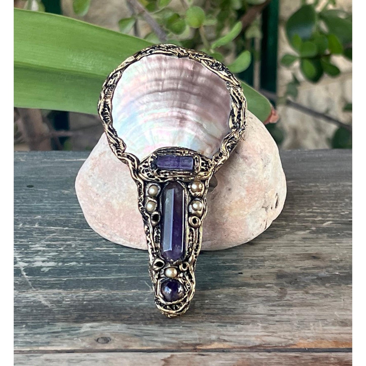 Mother of Pearl & Amethyst Large Brooch - Boho Bold Statement Jewelry - Unique Gift for her