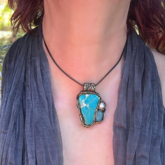 Gemstone Pendant Necklace with Turquoise Jasper, Chalcedony, and Pearl
