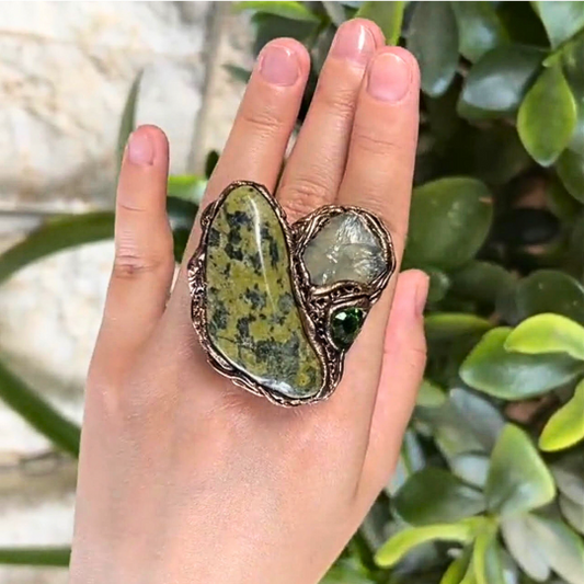 Green Serpentine and Calcite Raw Crystal Ring, Big Stone Cocktail Ring