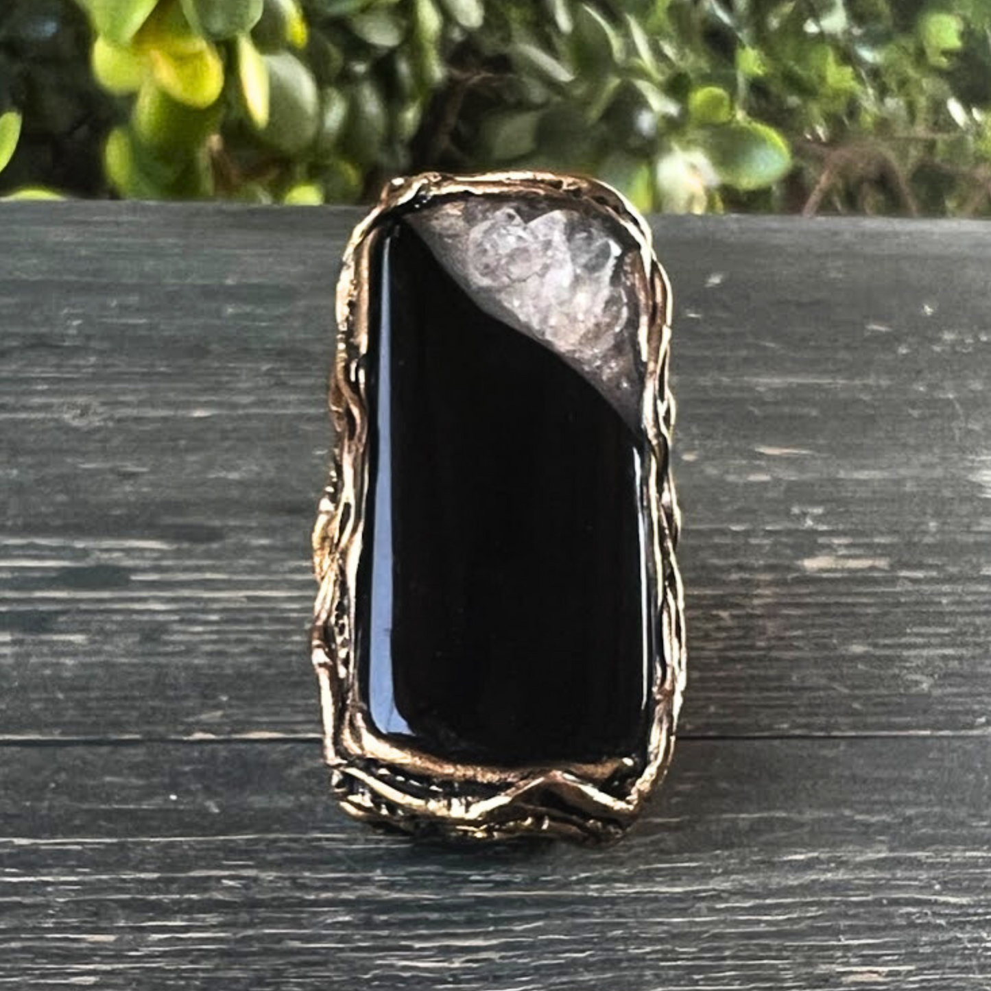 Black Onyx Quartz Chunky Rectangle Stone Ring, Long Finger Big Cocktail Oversized Huge Ring