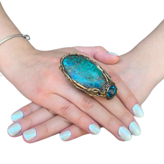 Chrysocolla Chunky Oval Stone Ring, Long Finger Big Cocktail Oversized Huge Ring