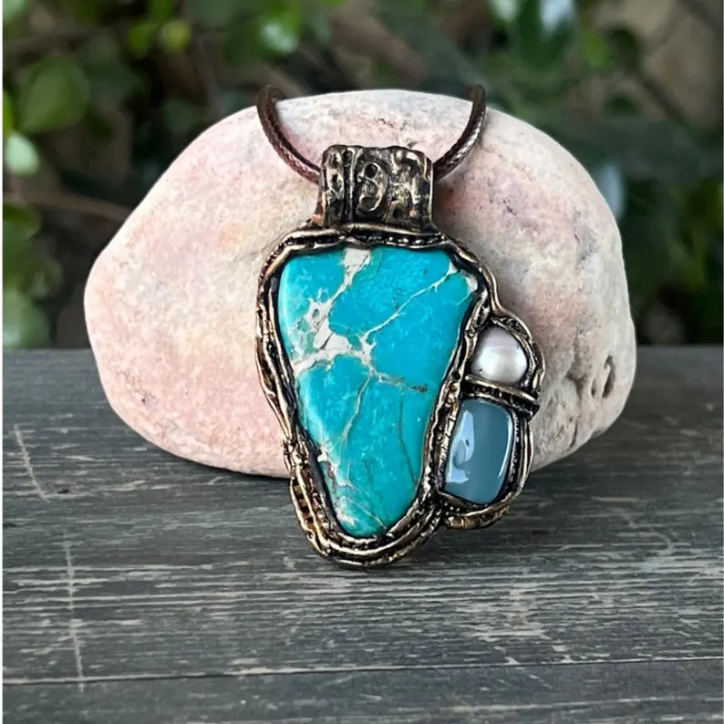 Turquoise Jasper & Chalcedony Necklace - Bohemian Unique Gift For Her