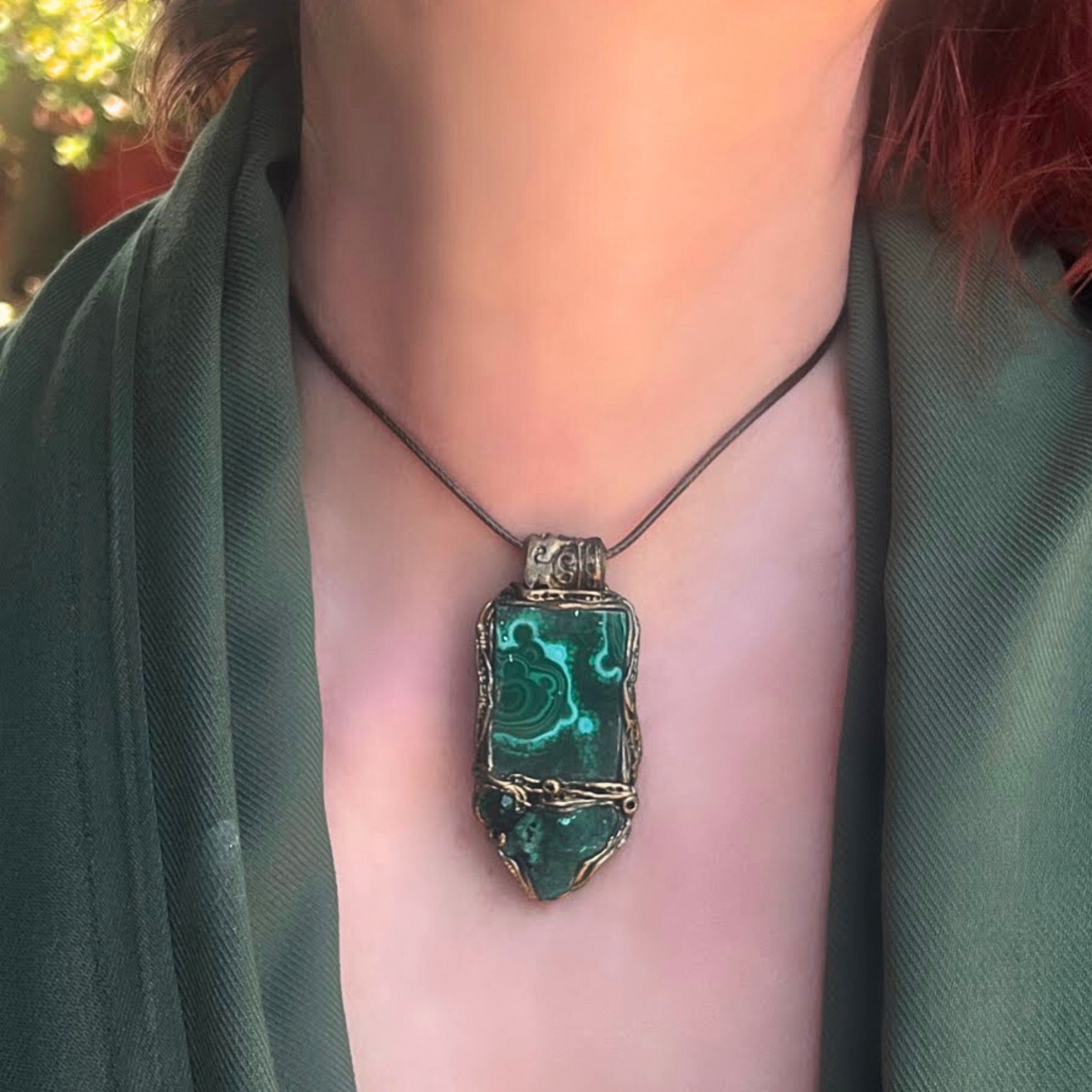 Green Malachite Raw Crystal Necklace - Protection Amulet - Unique Birthday Gift for Her