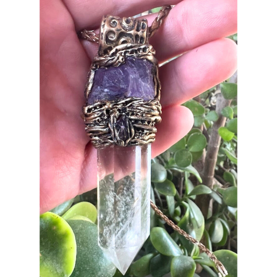 Empath Protection Necklace with Clear Quartz & Amethyst - Raw Crystal Amulet for Spiritual Gifts