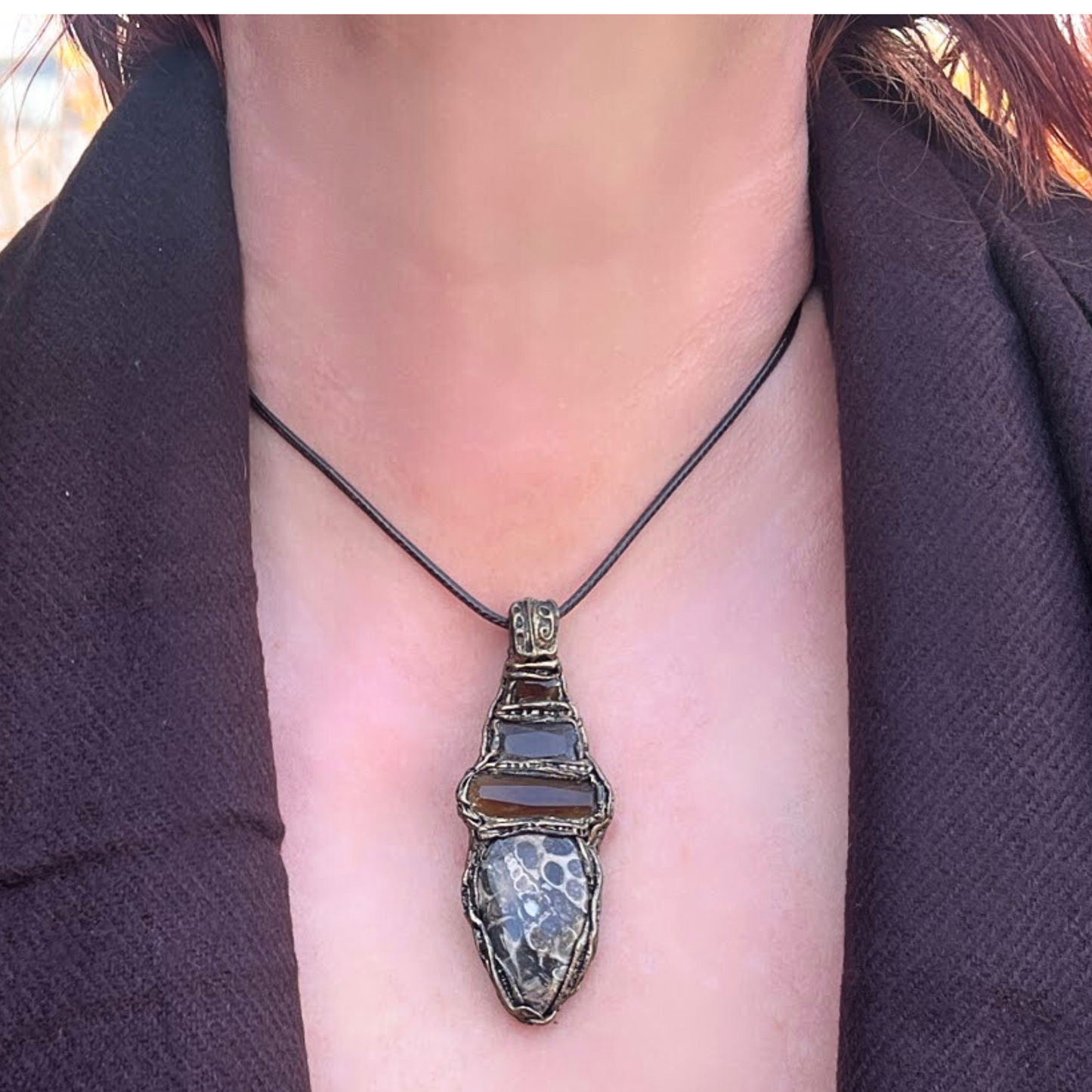 Smoky Quartz & Turritella Fossil Agate Necklace – Healing Crystal Pendant for Prosperity & Abundance