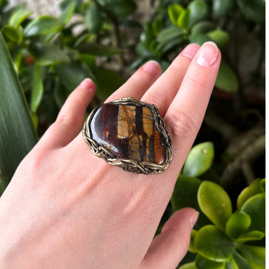 Chunky Tiger Iron Jasper Big Stone Ring, Statement Large Cocktail Ring of Bold Elegance