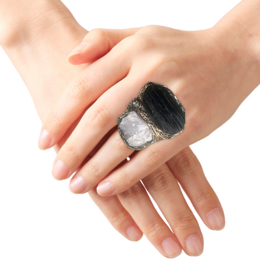 Black Tourmaline & Quartz Chunky Ring - Empath Protection Jewelry