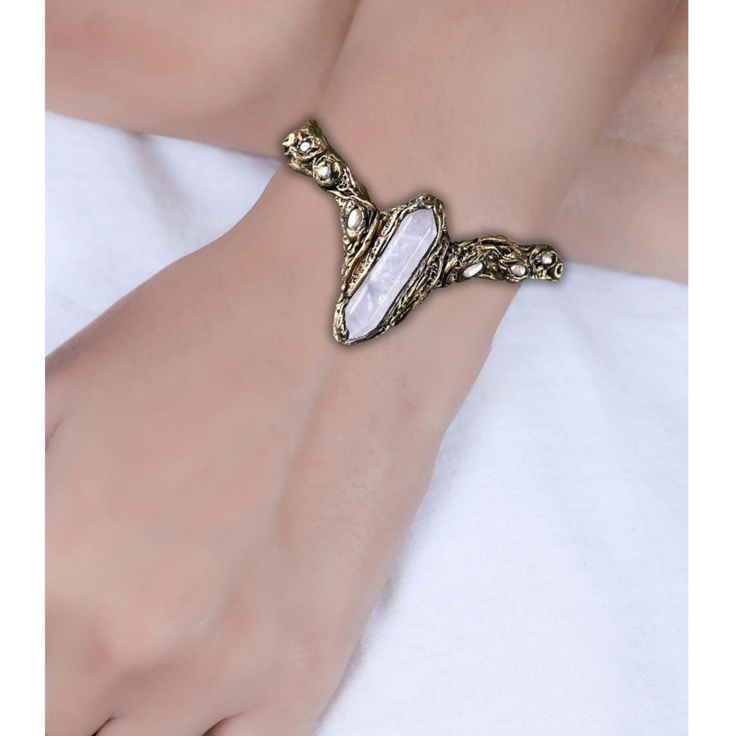 Rose Quartz Pearls Cuff Bracelet - Healing Crystal Jewelry for Women