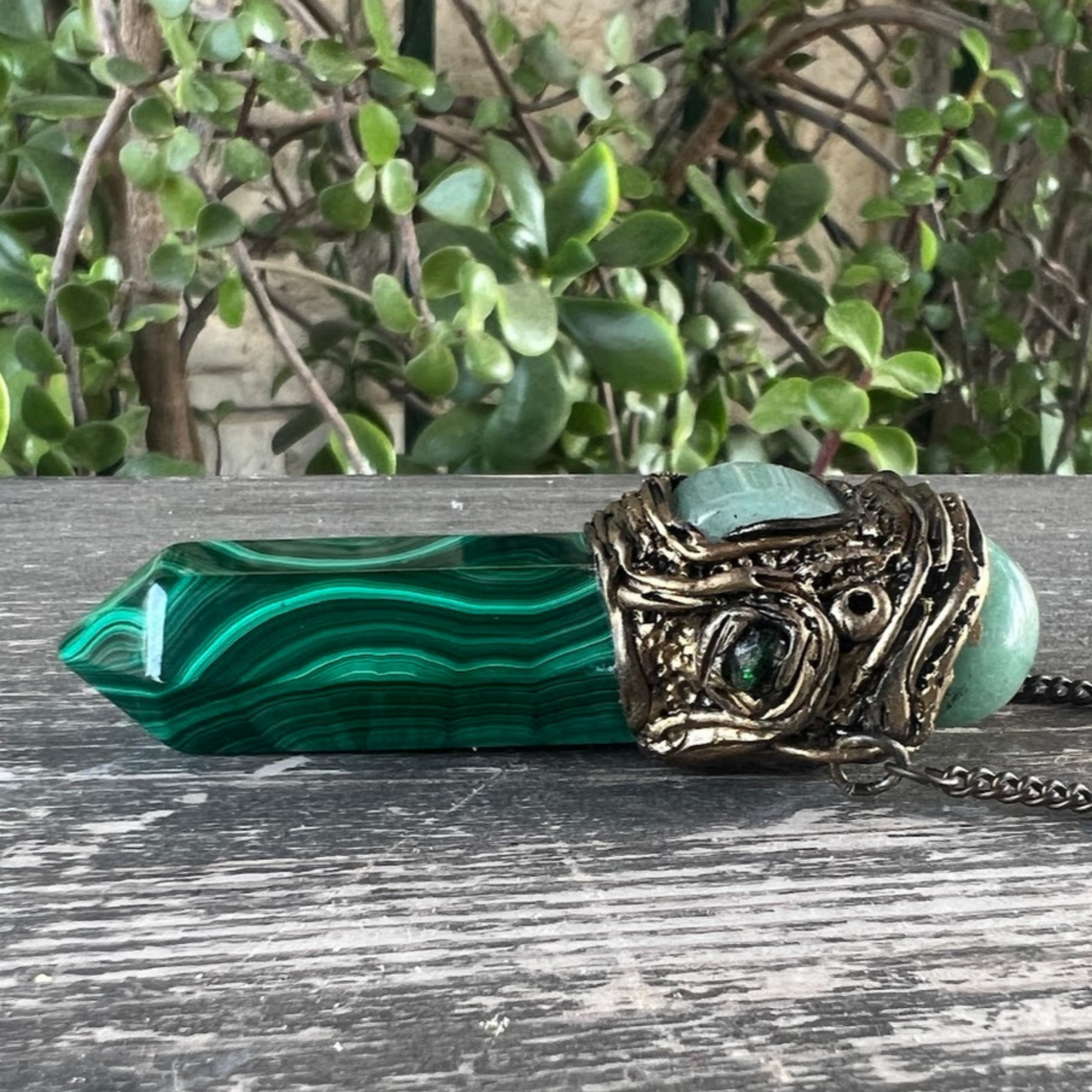 Green Gemstone Pendant Necklace with Malachite & Aventurine, Protection Amulet