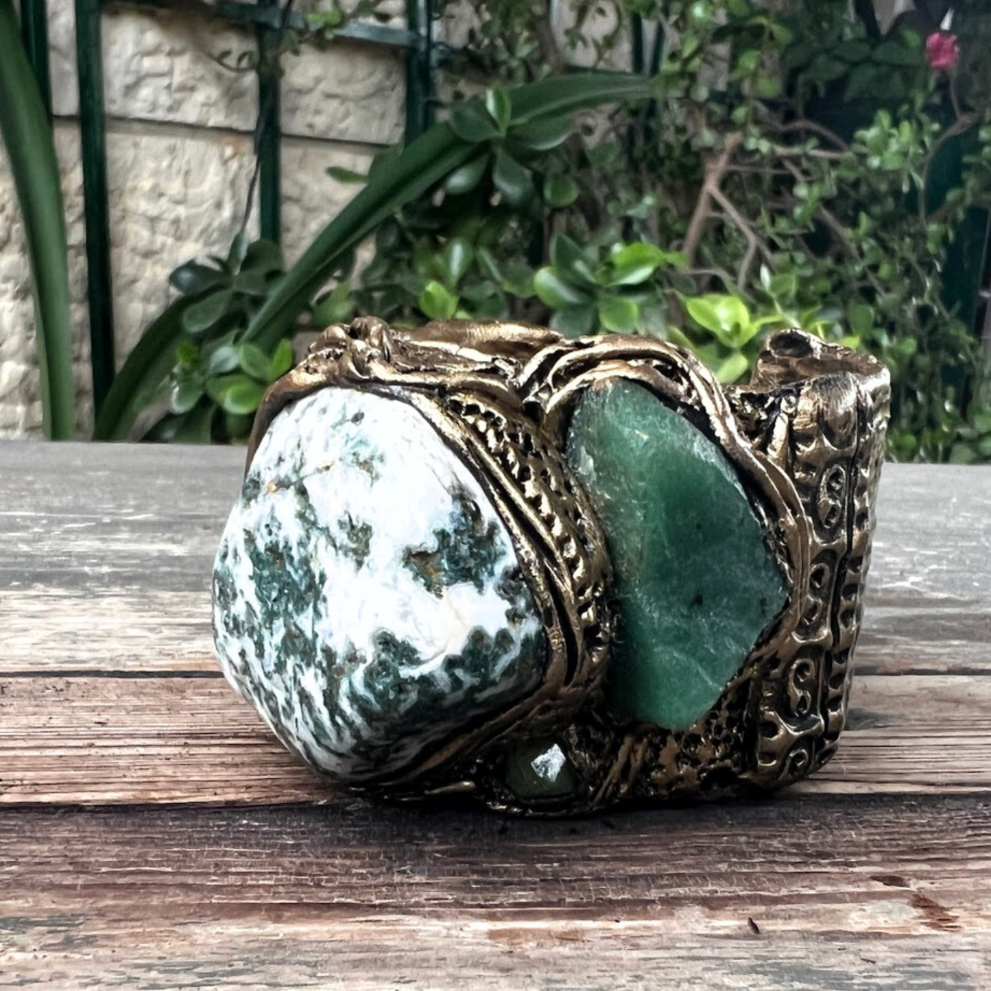 Green Aventurine and Tree Agate Chunky Statement Cocktail Ring