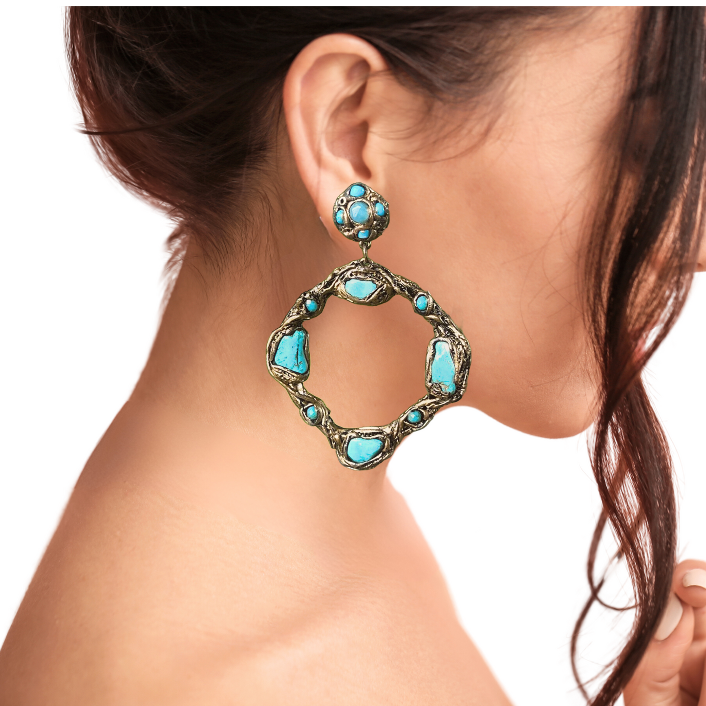 Turquoise Circle Earrings - Oversized Hoop Statement