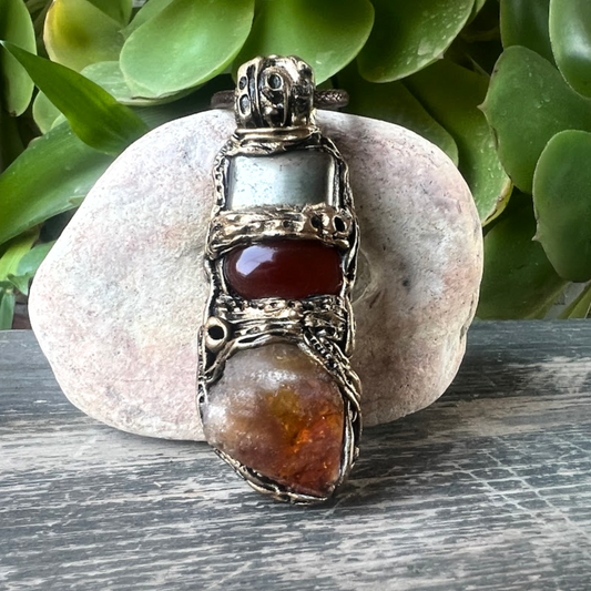 Raw Citrine, Pyrite, and Carnelian Good Luck Pendant Necklace, Raw Crystal Wealth Amulet