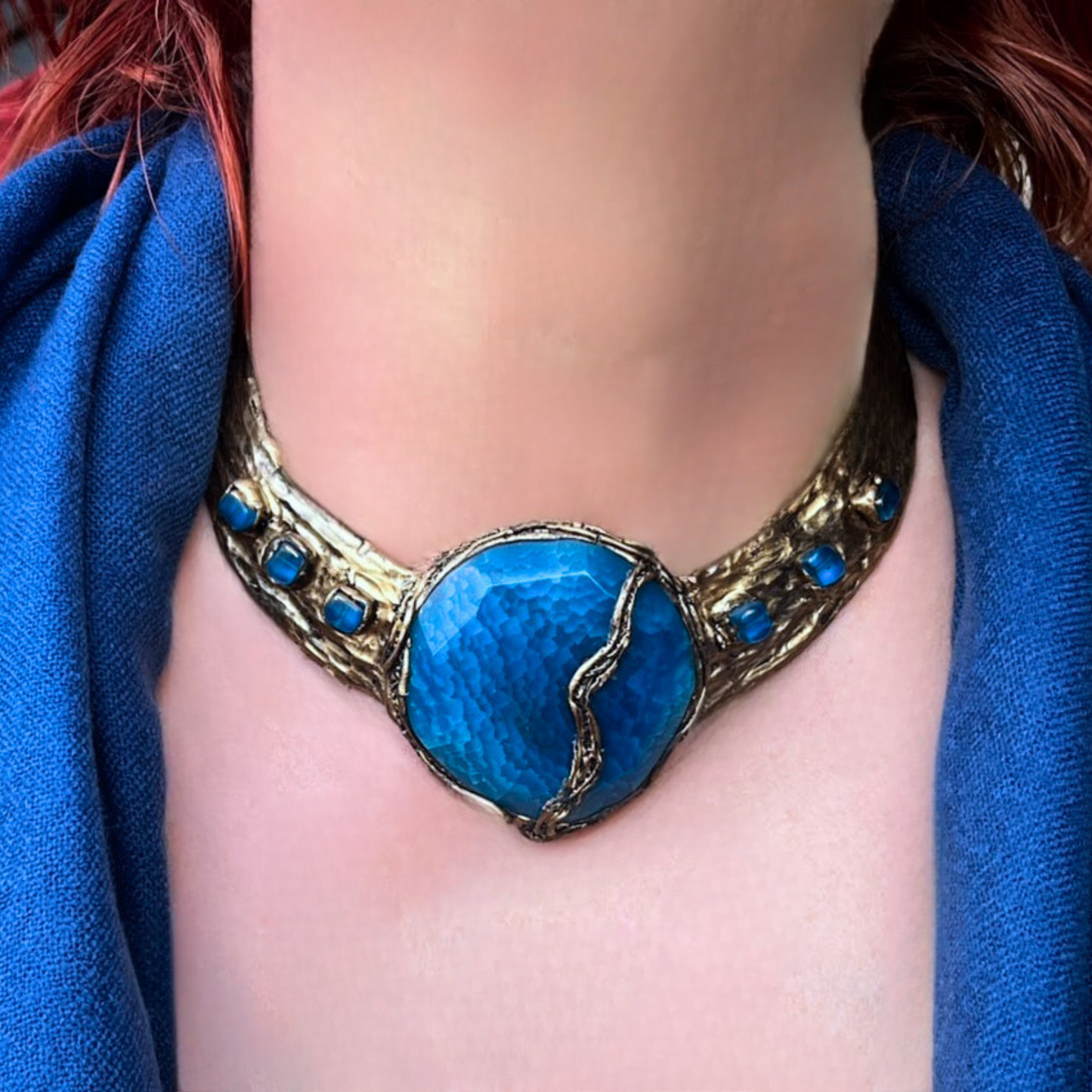 Blue Agate Stone Choker Collar Necklace – Chunky Statement Jewelry