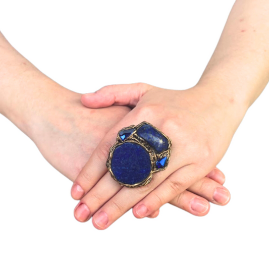 Chunky Lapis Lazuli Big Stone Ring, Blue Large Cocktail Ring