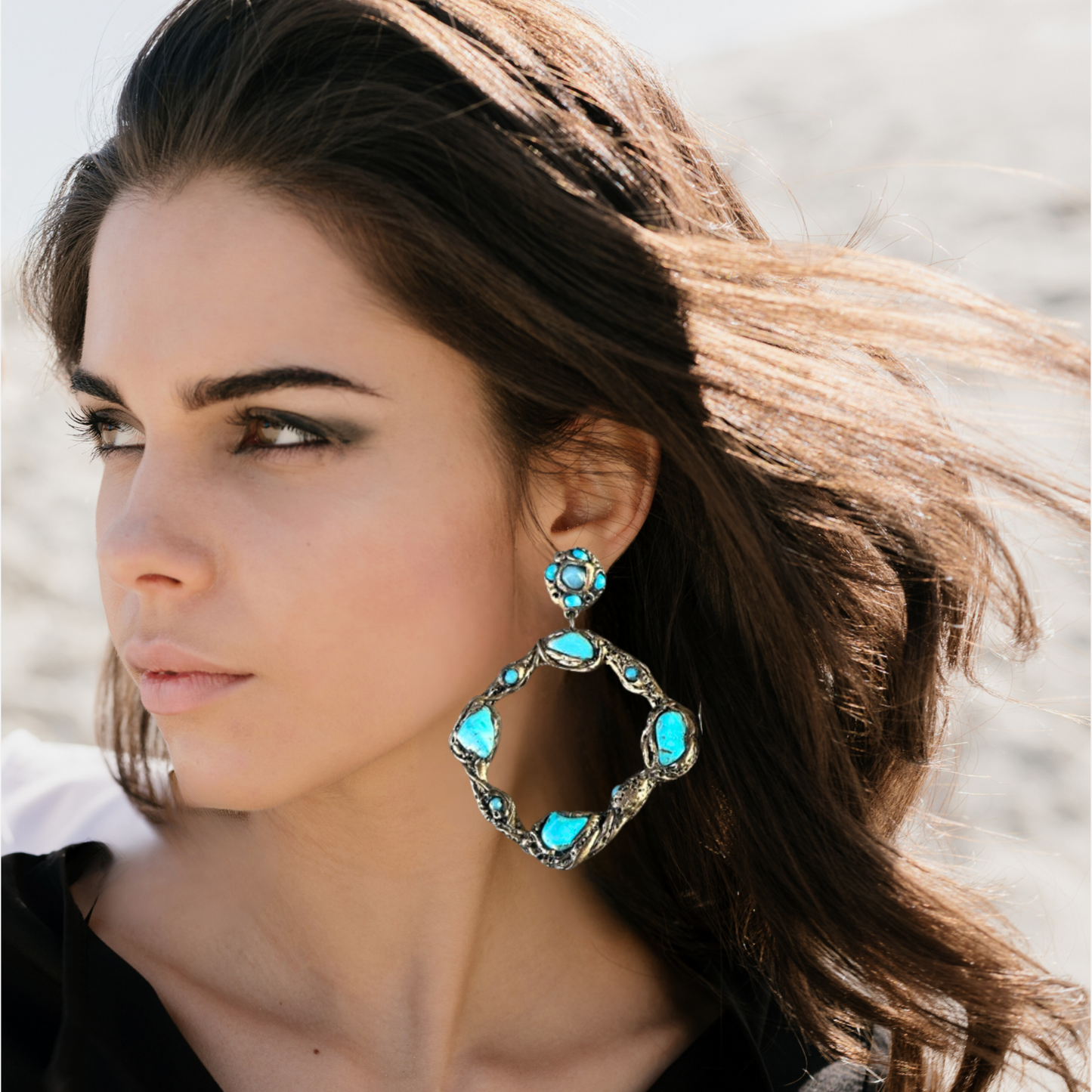 Boho Blue Turquoise Raw Stone Large Hoop Stud Earrings, Big Huge Statement Bold Fashion Earrings