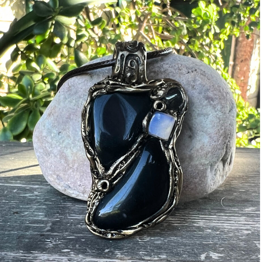 Black Obsidian, Hematite and Opal Pendant Necklace, Protection Amulet