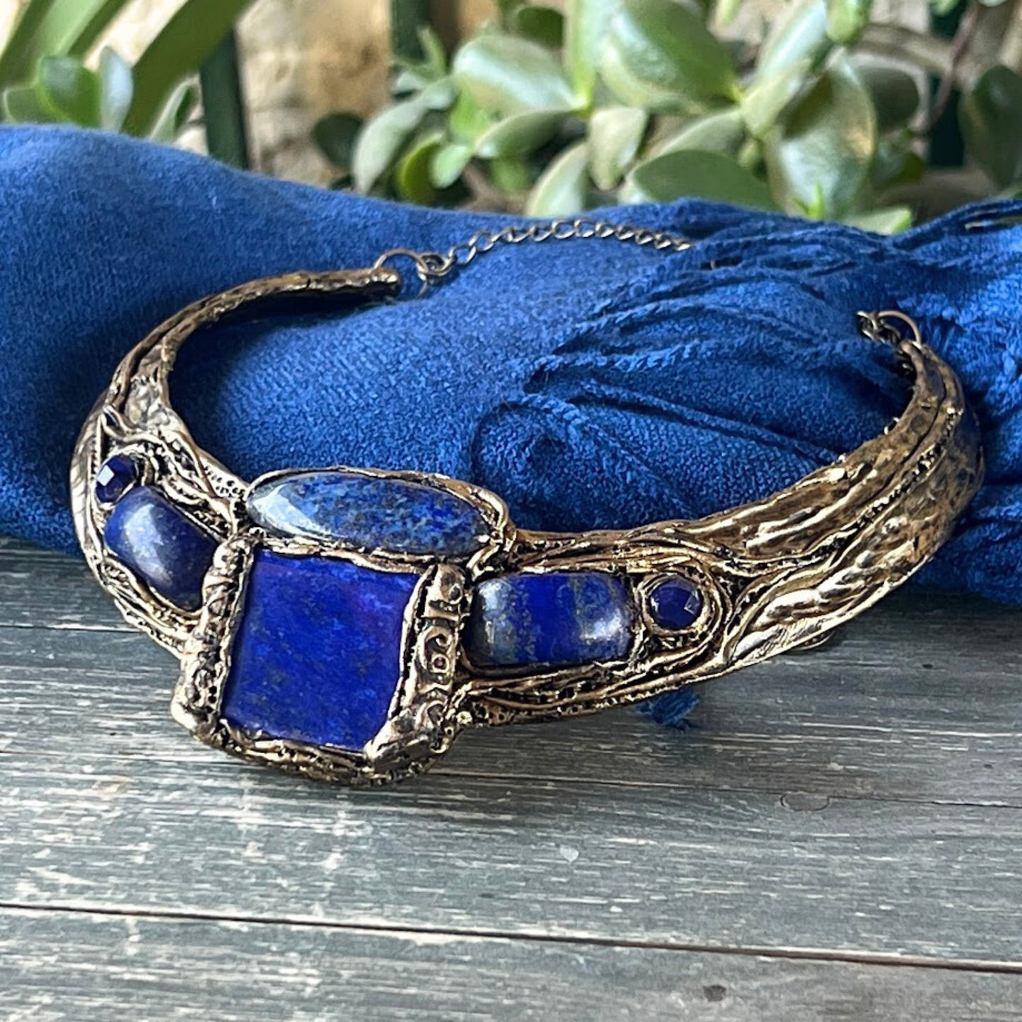 Lapis Lazuli Gemstone Cuff Bracelet - Boho Unique Statement Blue