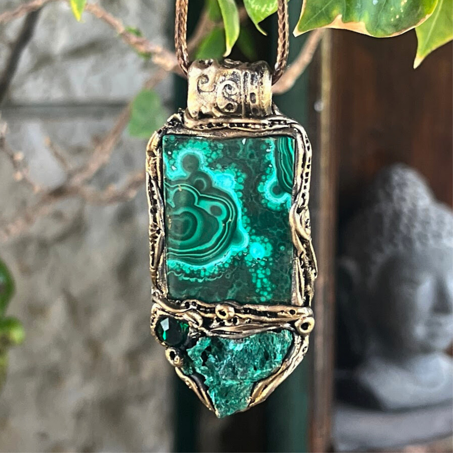 Green Malachite Raw Crystal Necklace - Protection Amulet - Unique Birthday Gift for Her