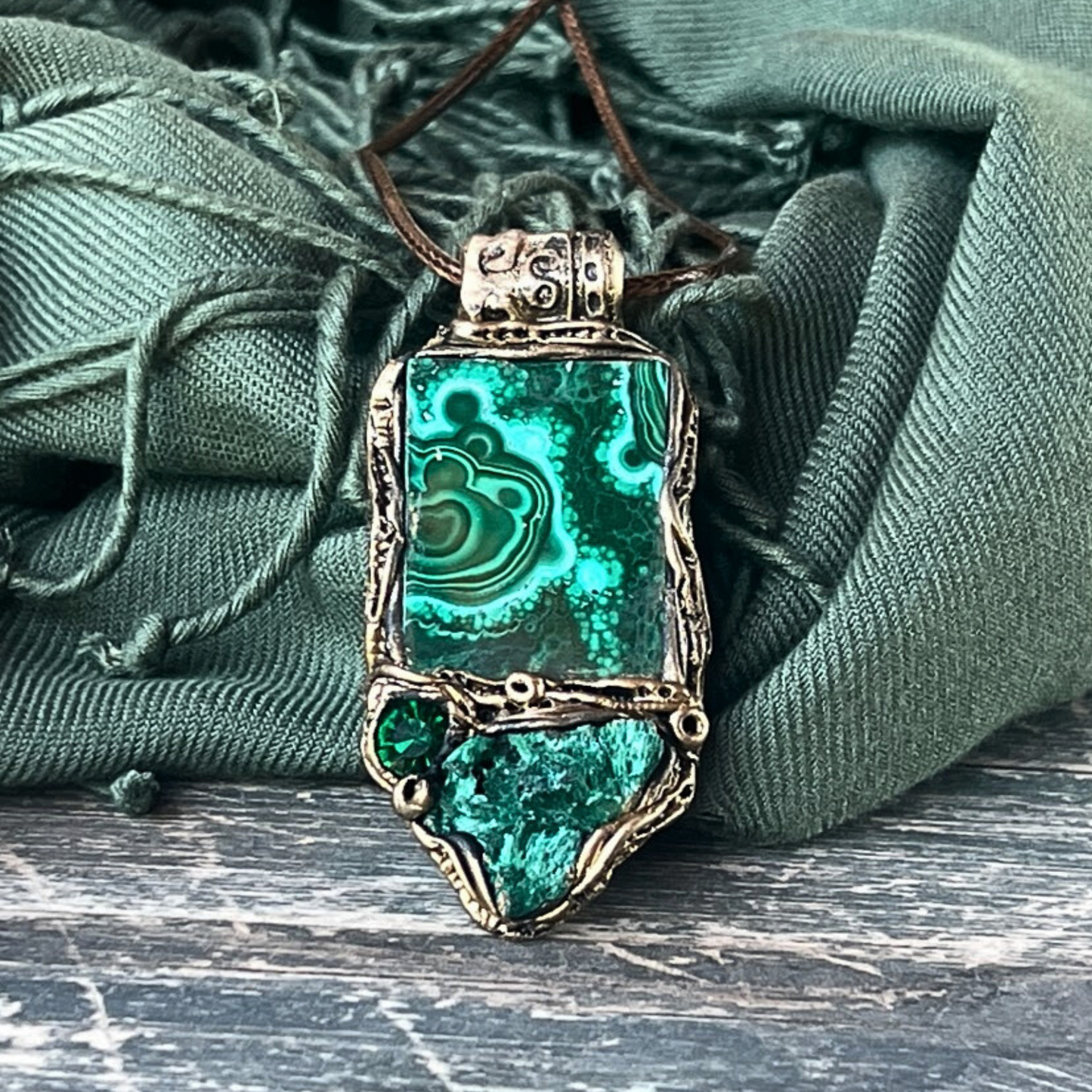 Green Malachite Raw Crystal Necklace - Protection Amulet - Unique Birthday Gift for Her