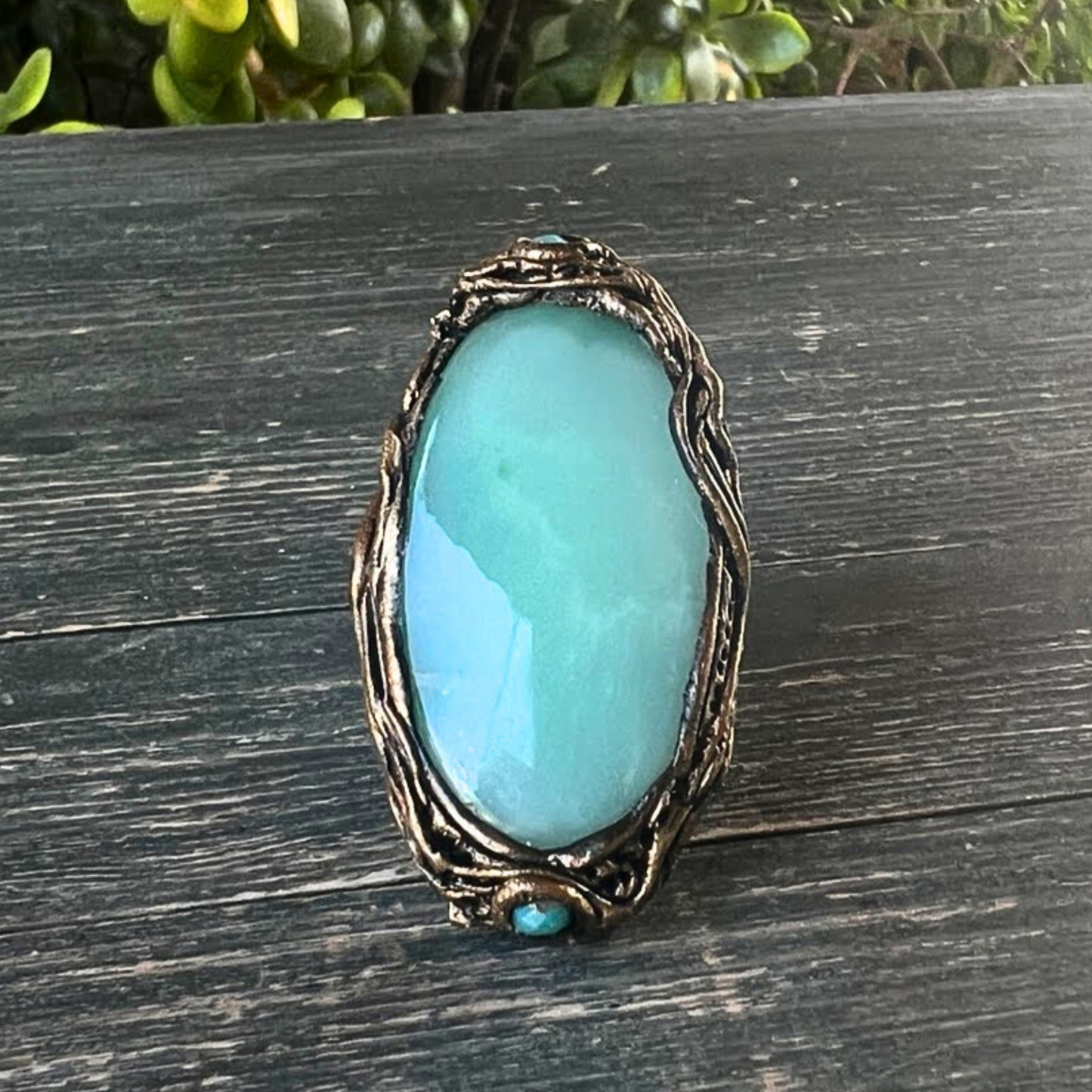 Chrysoprase Chunky Oval Stone Ring, Long Finger Big Cocktail Oversized Huge Ring