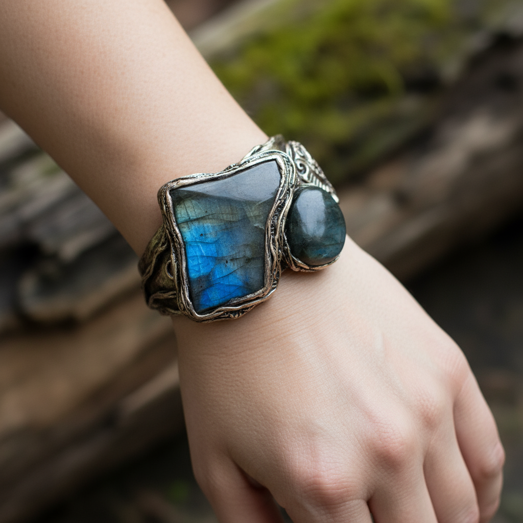 Labradorite Statement Bracelet - Chunky Blue Gemstone Cuff or Her