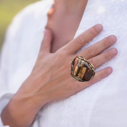 Chunky Tiger Iron Jasper Big Stone Ring, Statement Large Cocktail Ring of Bold Elegance