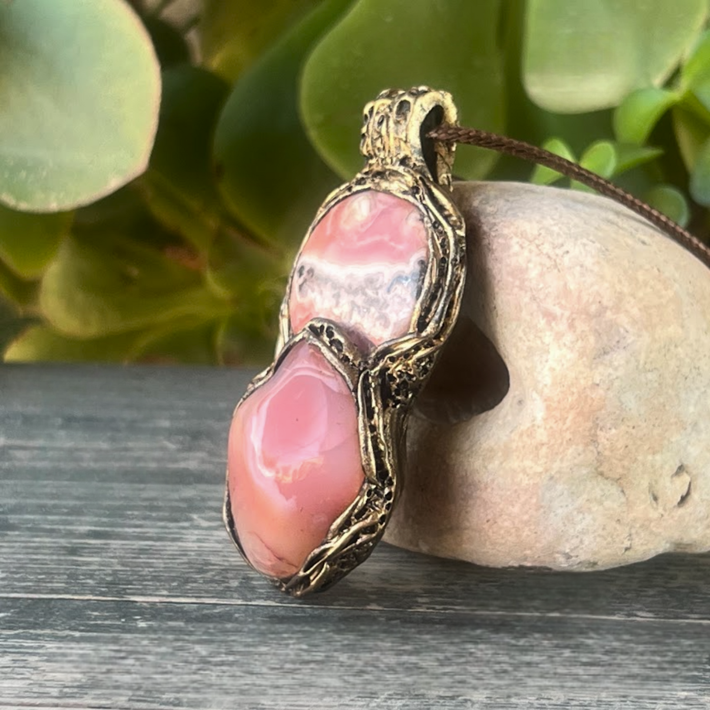 Rhodochrosite & Peach Agate Crystal Necklace - Chunky Pink Pendant, Love Amulet