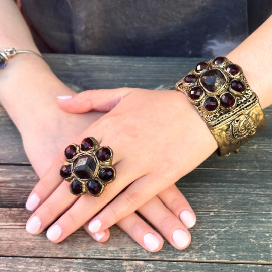 Raw Garnet Large Boho cuff bracelet, unique gift for her