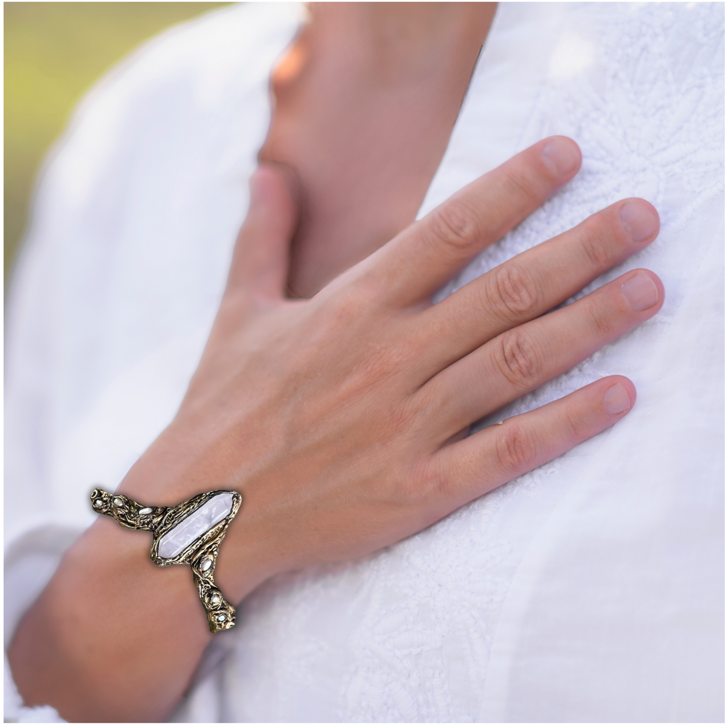 Rose Quartz Pearls Cuff Bracelet - Healing Crystal Jewelry for Women