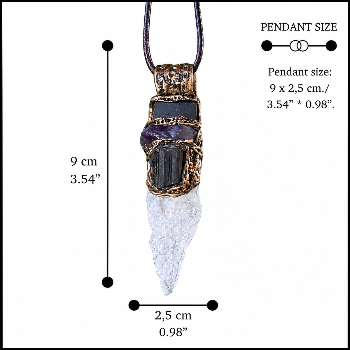 Black Tourmaline, Calcite and Amethyst pendant necklace with natural gemstones, handcrafted one-of-a-kind empath protection amulet.