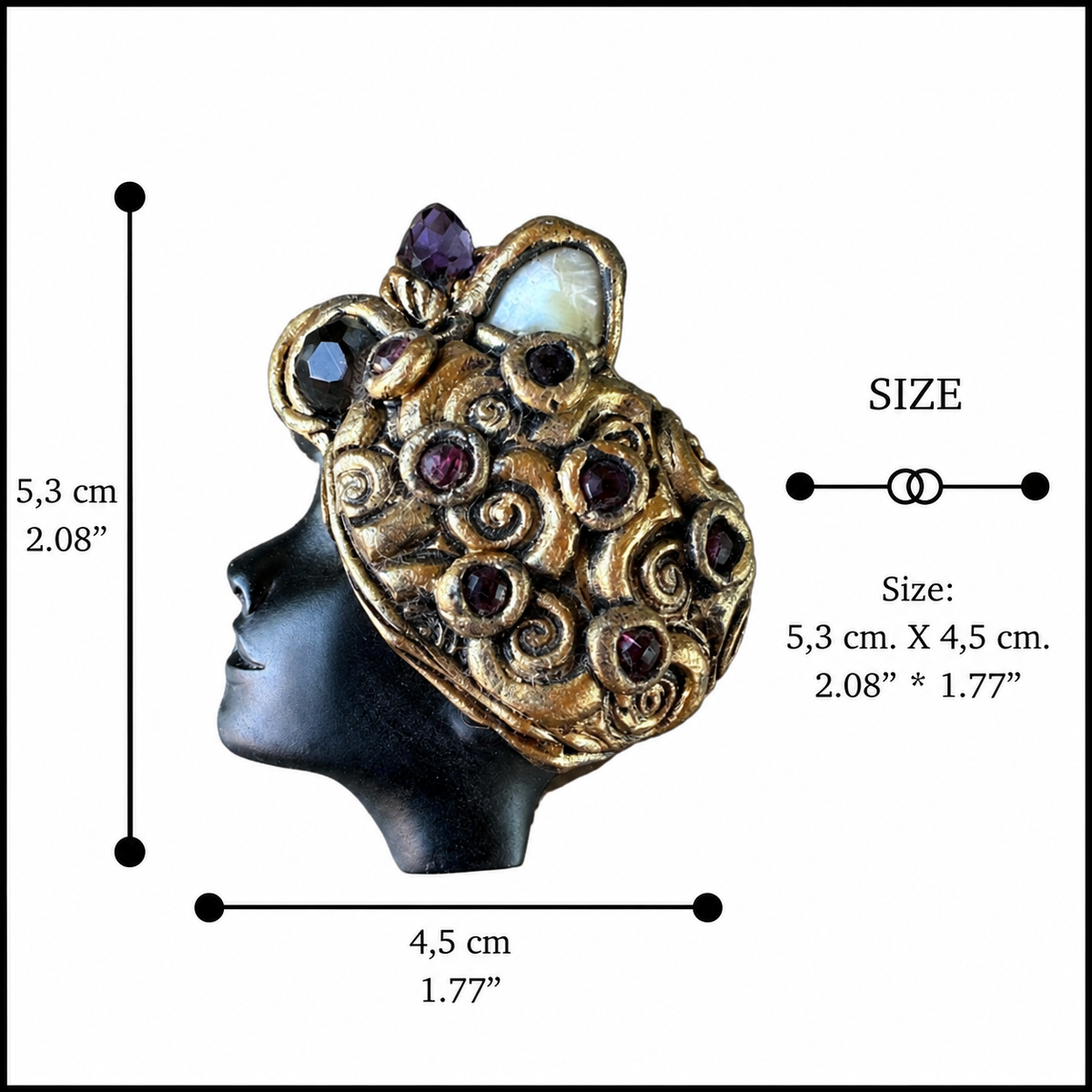 Sculptural woman profile brooch with natural Baroque Pearl, Czech crystals and antique gold details, handcrafted one-of-a-kind statement pin.