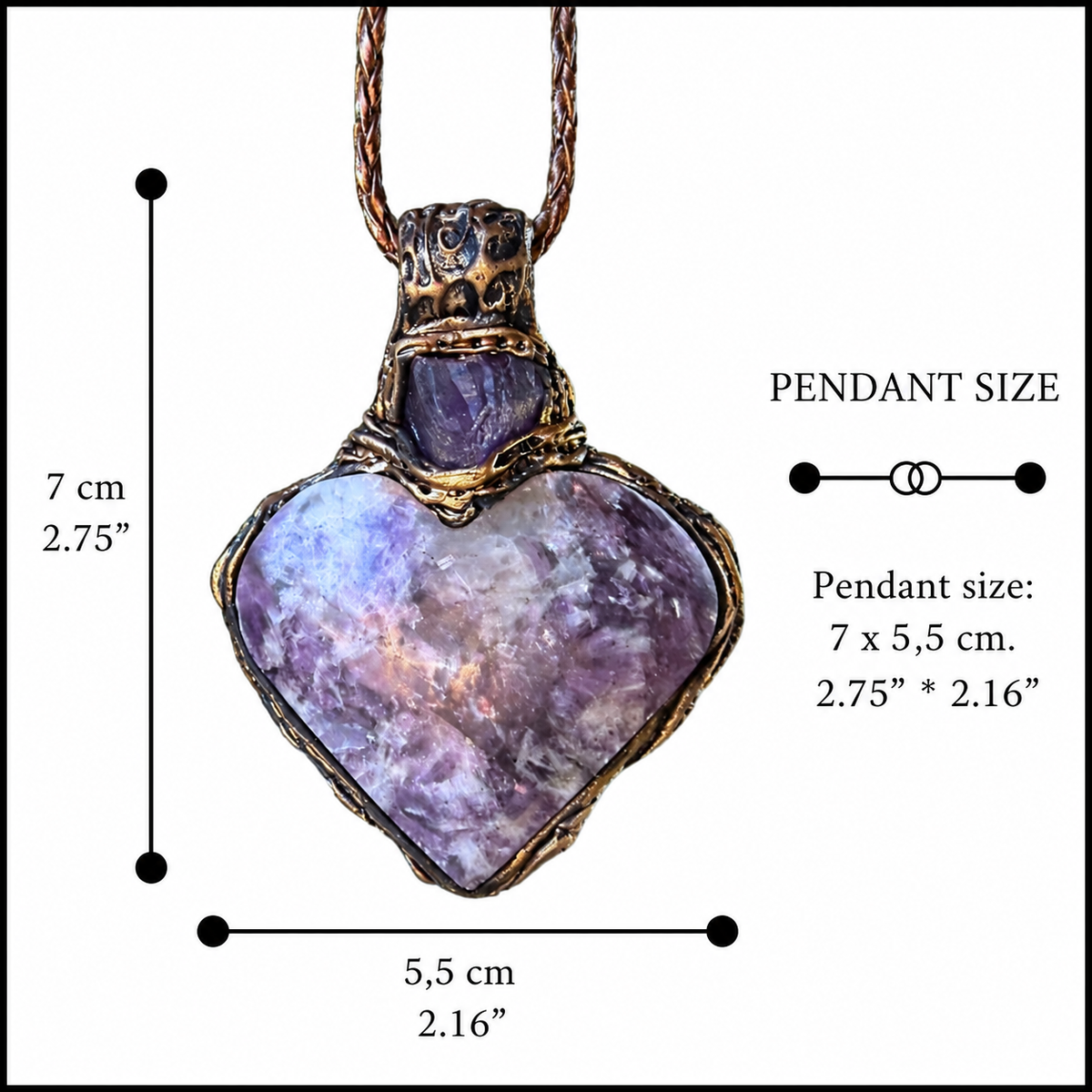 Lepidolite and Amethyst heart pendant necklace with natural purple gemstones, handcrafted large crystal amulet in a one-of-a-kind design.