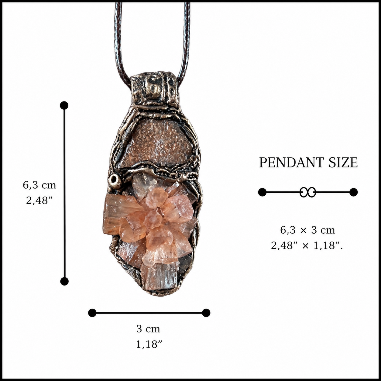 Sunstone and Aragonite cluster pendant necklace with natural raw crystals, handcrafted one-of-a-kind gemstone amulet for joy and grounding.