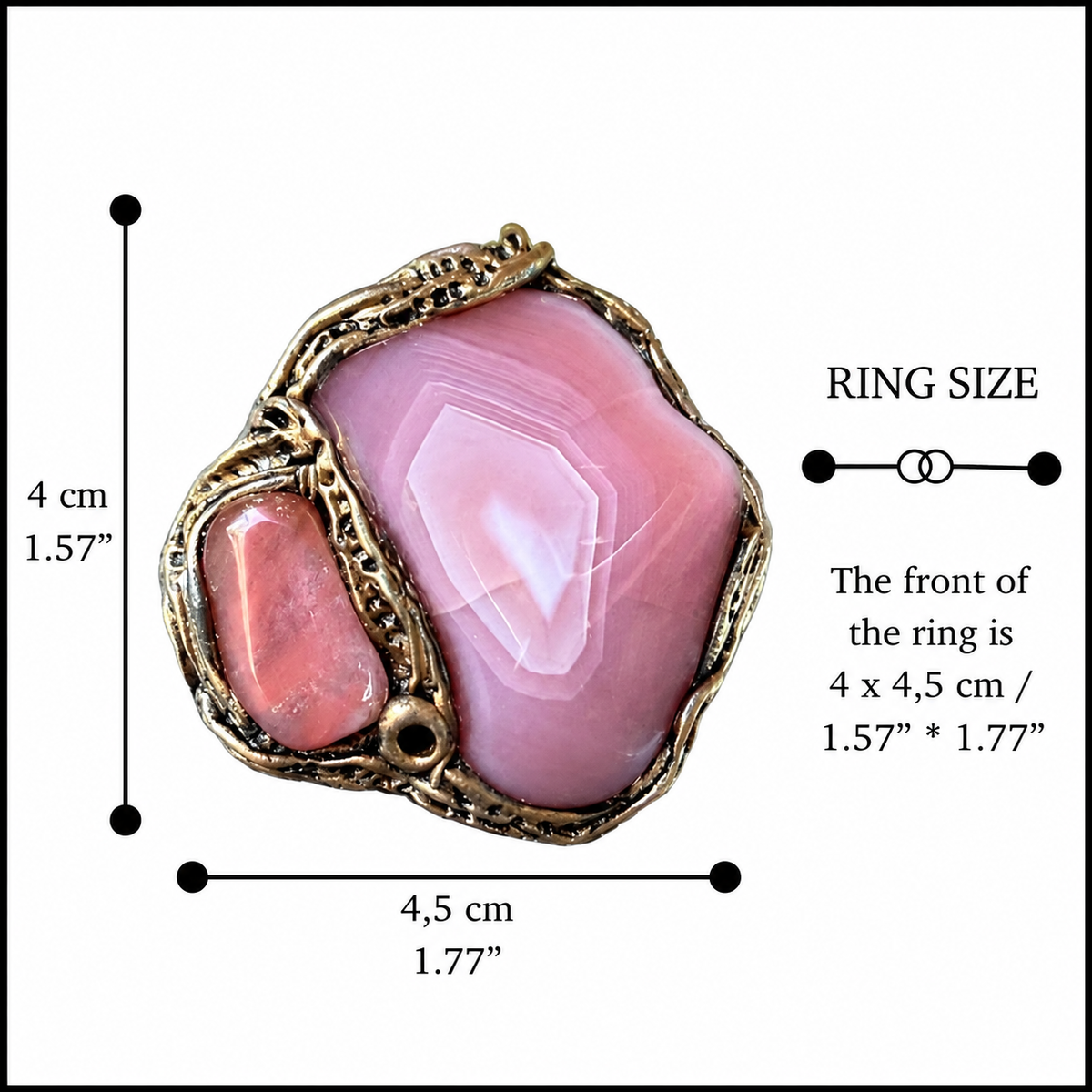 Peach Agate and Cherry Quartz statement ring with large pink and peach stones, handcrafted oversized cocktail ring.