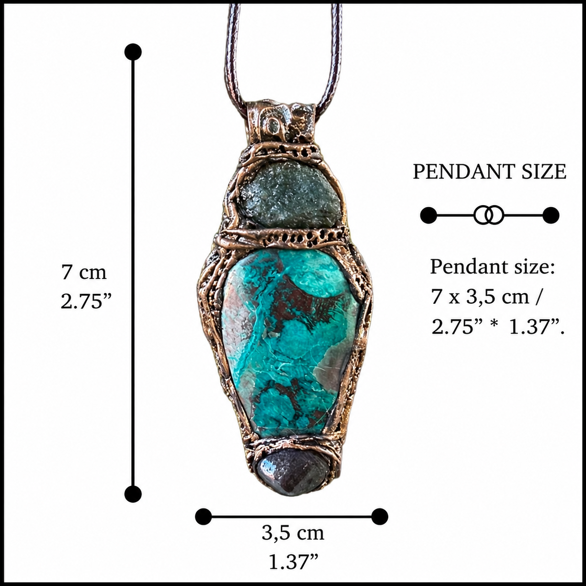 Raw Emerald, Chrysocolla and Hematite pendant necklace with natural green and metallic stones, handcrafted one-of-a-kind crystal amulet.