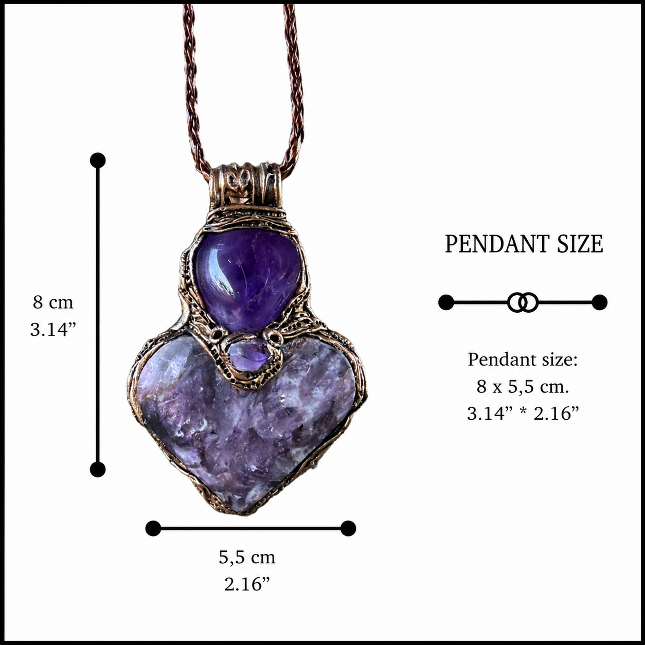 Lepidolite and Amethyst heart pendant necklace with natural purple gemstones, handcrafted large crystal amulet in a one-of-a-kind design.