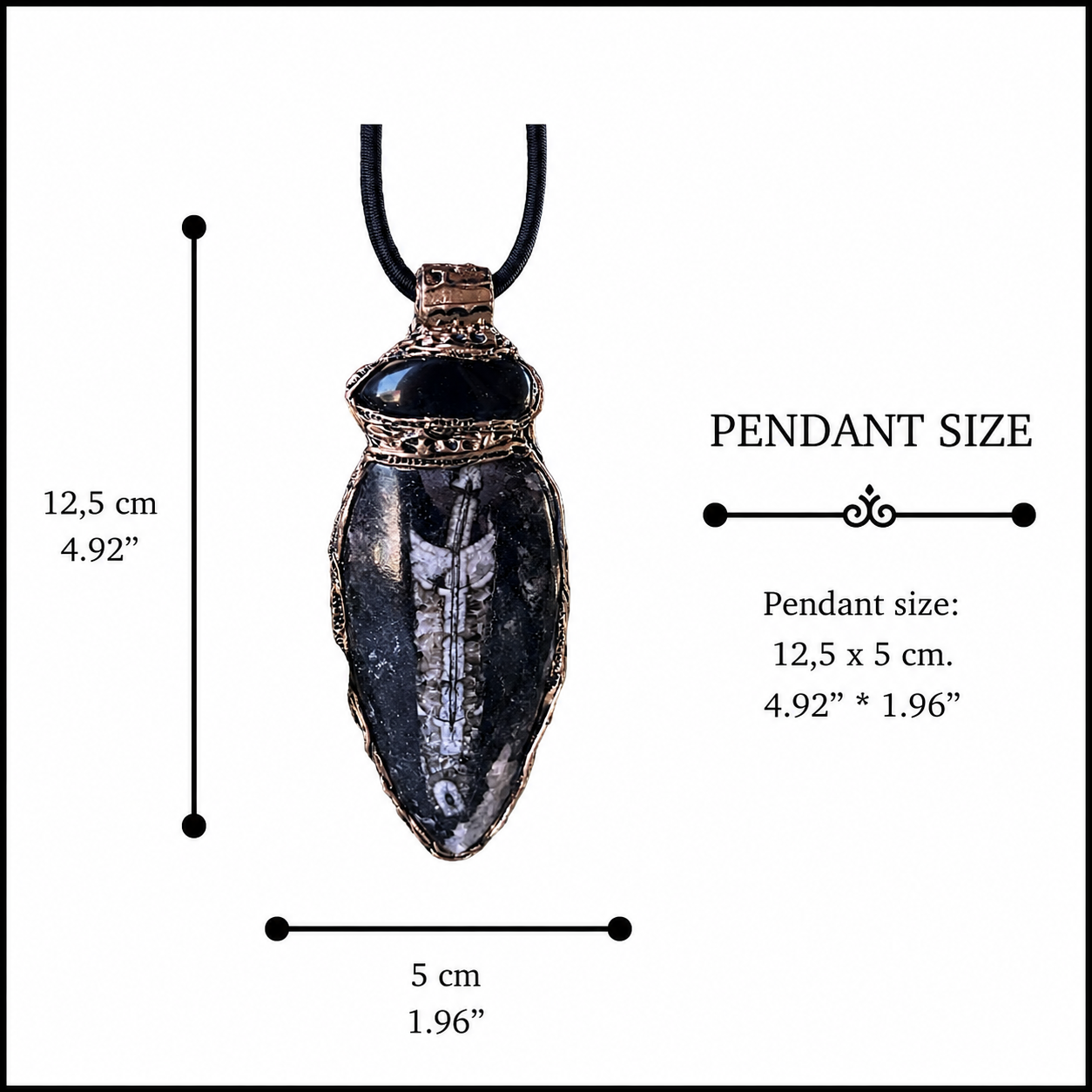 Orthoceras Fossil & Black Onyx Pendant Necklace – large stone protection amulet.