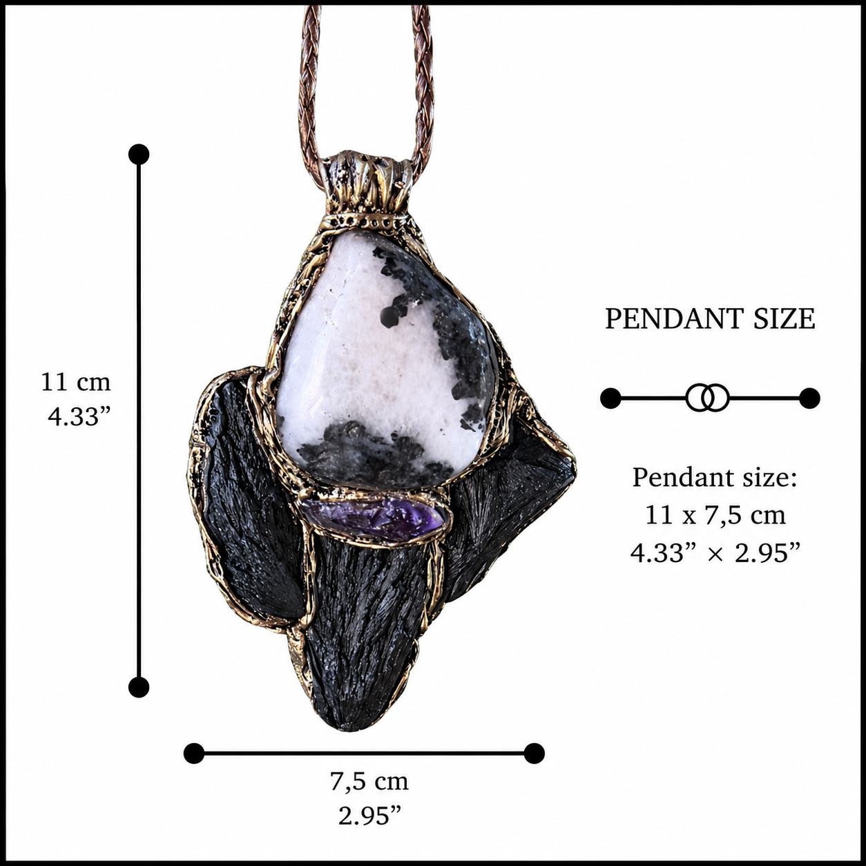 Black Kyanite & Tourmaline Quartz pendant necklace with natural raw crystals. A one-of-a-kind empath protection amulet for grounding and clarity.