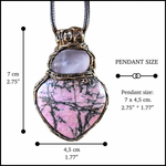 Rose Quartz and Rhodonite heart pendant necklace with natural pink stones, handcrafted chunky one-of-a-kind crystal amulet.
