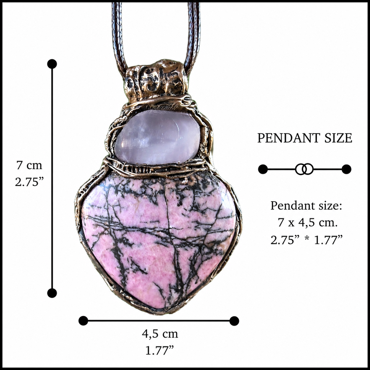 Rose Quartz and Rhodonite heart pendant necklace with natural pink stones, handcrafted chunky one-of-a-kind crystal amulet.