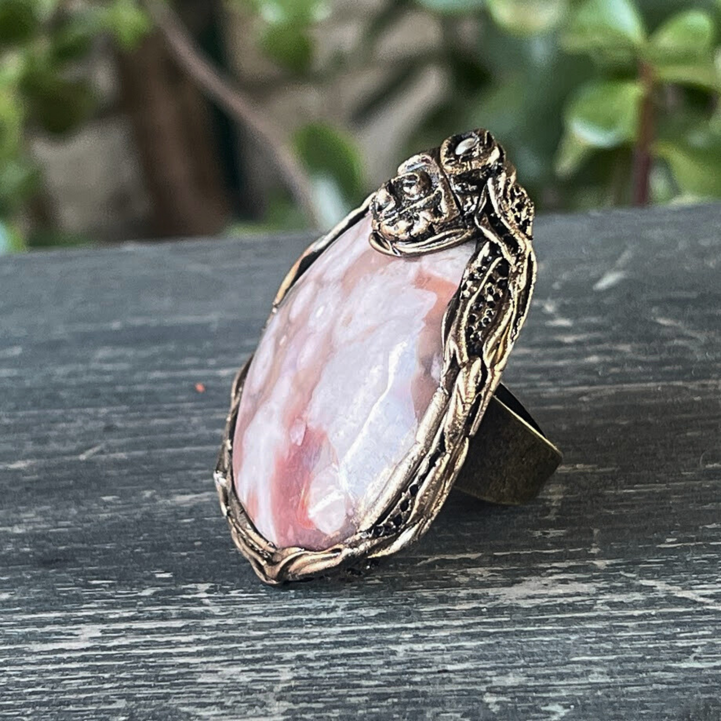 Chunky Ring with Flower Agate, Statement Gemstone Oversized Cocktail Ring