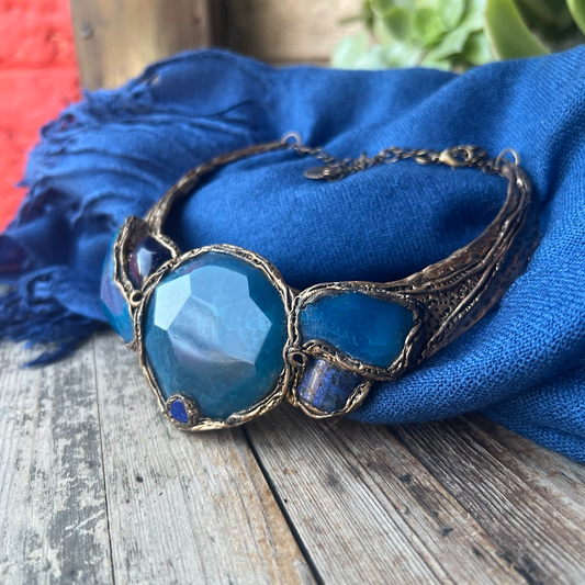 Blue Agate Stone Choker Collar Necklace – Chunky Statement Jewelry